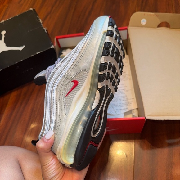 Nike Air Max 97 Metallic Silver Bullet with Red Accents - Picture 9 of 9